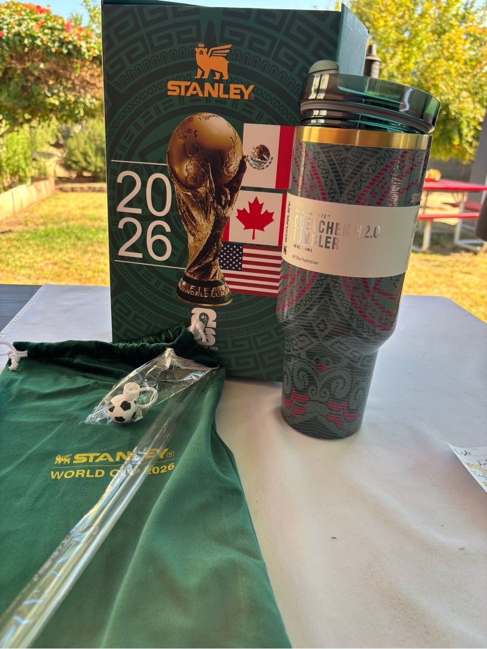 Stanley Green and Pink World Cup 2026 Travel Tumbler with Gold Trim